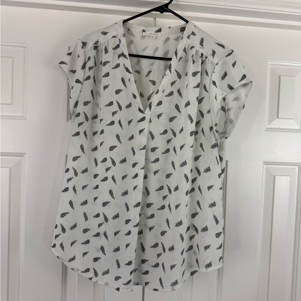 Fun 2 Fun White Blouse with Black Leaf Print